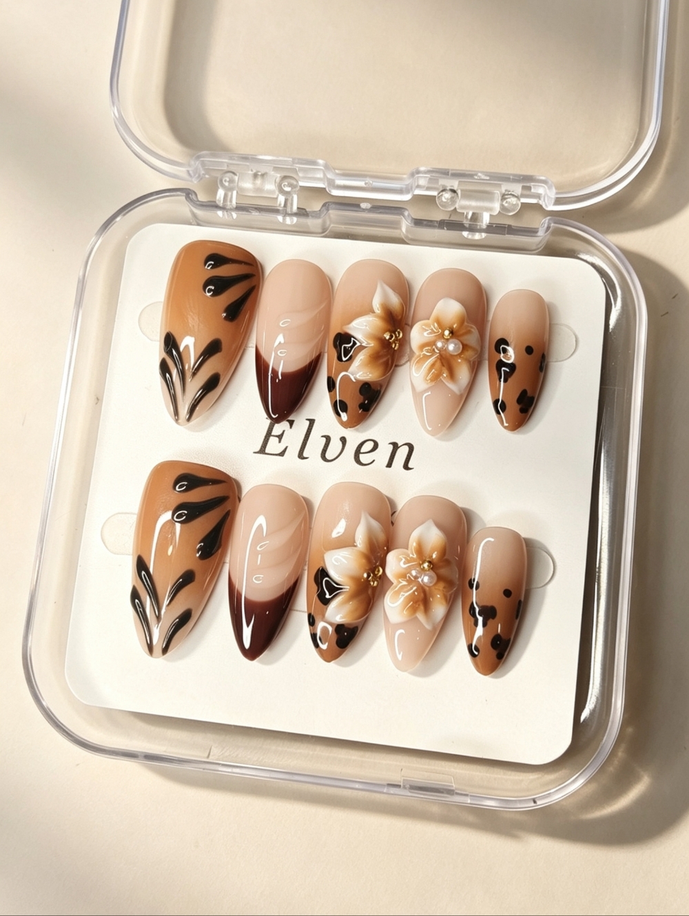 Brown Floral and Black Leopard Print Handmade Press On Nails Medium Almond